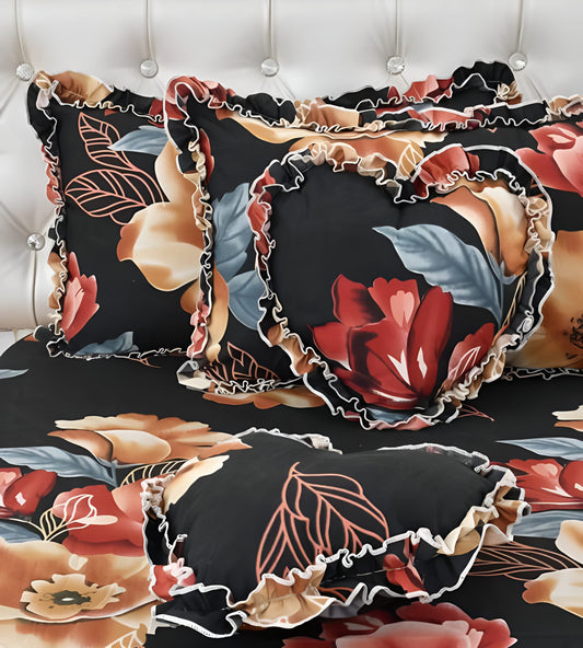 Premium 5-Piece Cotton Bedding Set: Includes 1 Flat Bedsheet, 2 FRILLED Zipped Pillow Covers, 2 FRILLED Cushion Covers, and 2 Cushion fillers