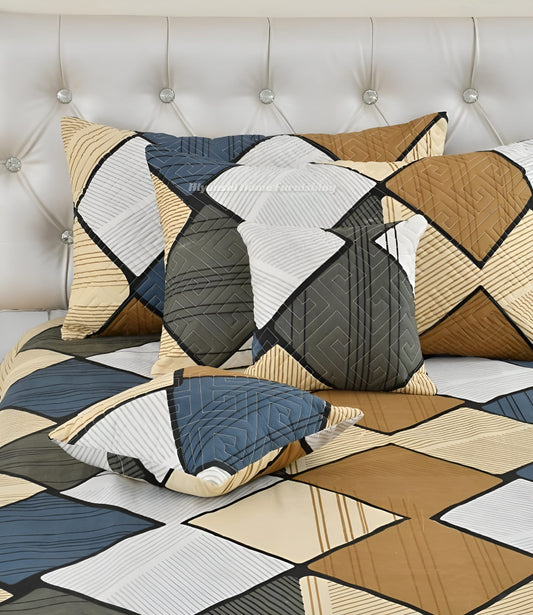 Premium 5-Piece Cotton Bedding Set: Includes 1 Flat Bedsheet, 2 Quilted Zipped Pillow Covers, 2 Quilted Cushion Covers, and 2 Cushion Fillers