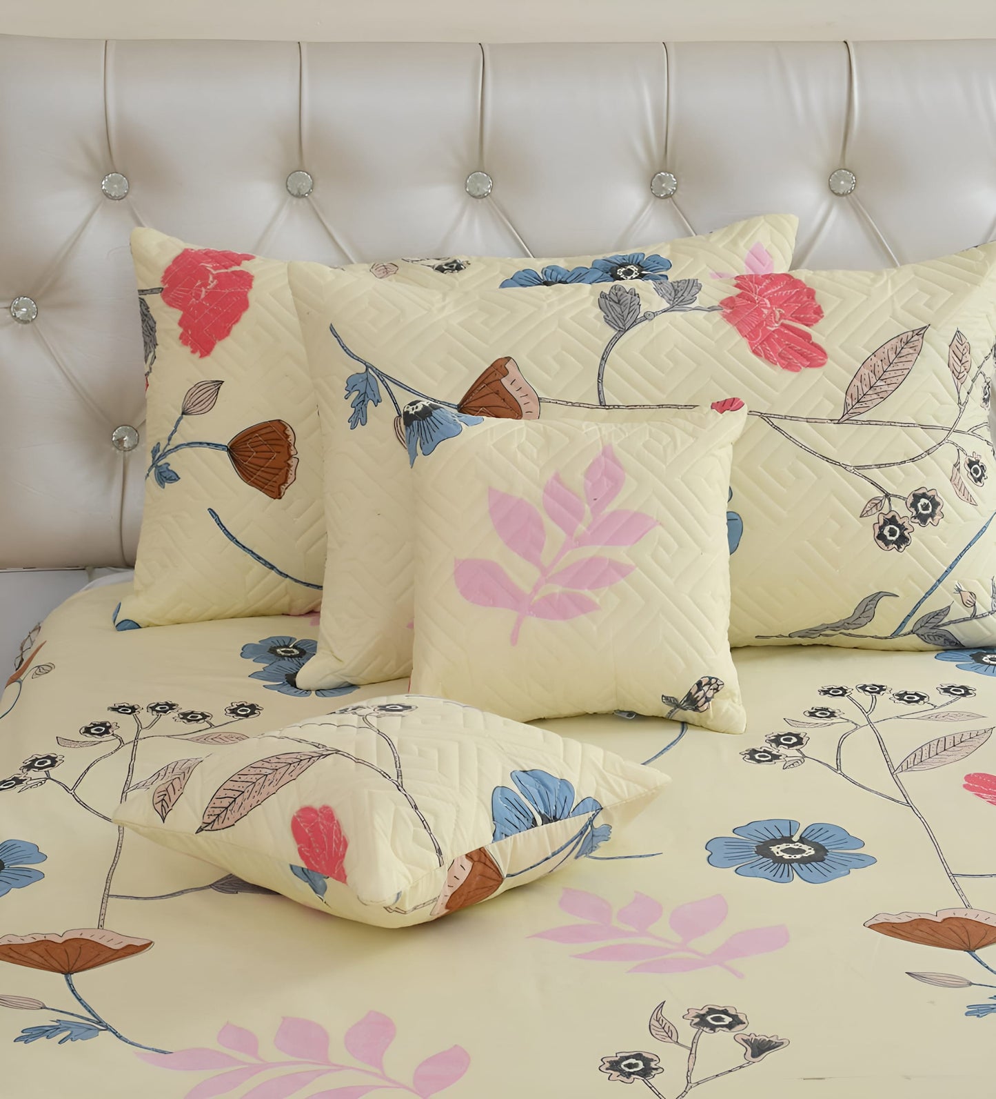 Premium 5-Piece Cotton Bedding Set: Includes 1 Flat Bedsheet, 2 Quilted Zipped Pillow Covers, 2 Quilted Cushion Covers, and 2 Cushion Fillers