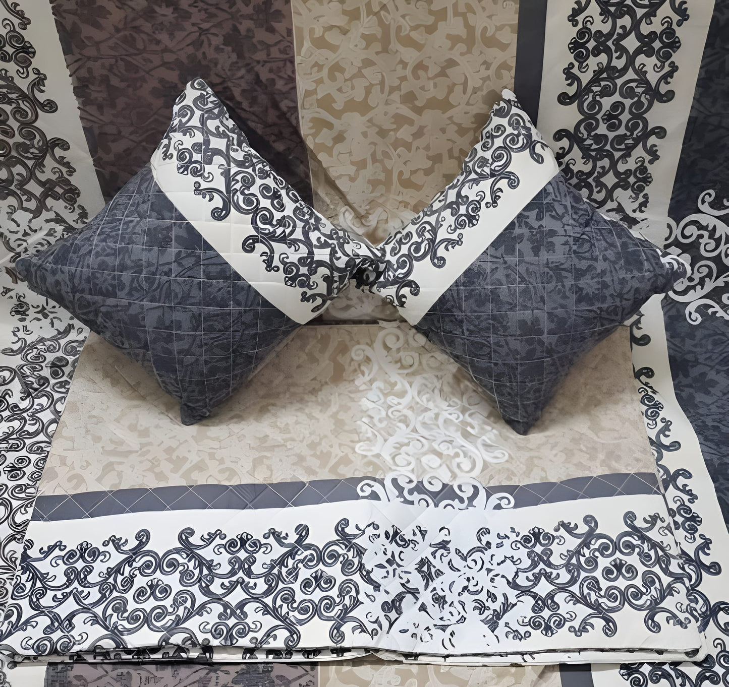 Premium 5-Piece Cotton Bedding Set: Includes 1 Flat Bedsheet, 2 Quilted Zipped Pillow Covers, 2 Quilted Cushion Covers, and 2 Cushion Fillers