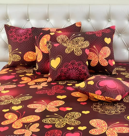 Premium 5-Piece Cotton Bedding Set: Includes 1 Flat Bedsheet, 2 Quilted Zipped Pillow Covers, 2 Quilted Cushion Covers, and 2 Cushion Fillers