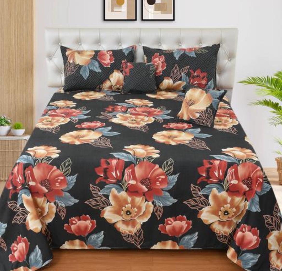Premium 5-Piece Cotton Bedding Set: Includes 1 Flat Bedsheet, 2 Quilted Zipped Pillow Covers, 2 Quilted Cushion Covers, and 2 Cushion Fillers