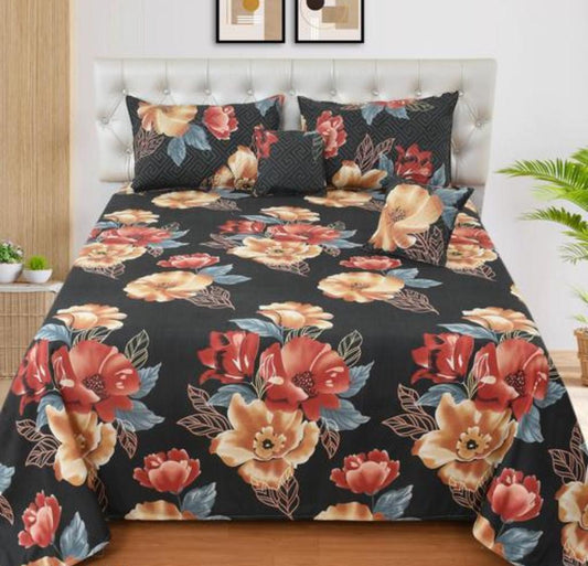 Premium 5-Piece Cotton Bedding Set: Includes 1 Flat Bedsheet, 2 Quilted Zipped Pillow Covers, 2 Quilted Cushion Covers, and 2 Cushion Fillers