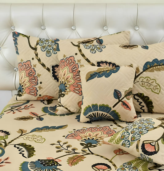 Premium 5-Piece Cotton Bedding Set: Includes 1 Flat Bedsheet, 2 Quilted Zipped Pillow Covers, 2 Quilted Cushion Covers, and 2 Cushion Fillers
