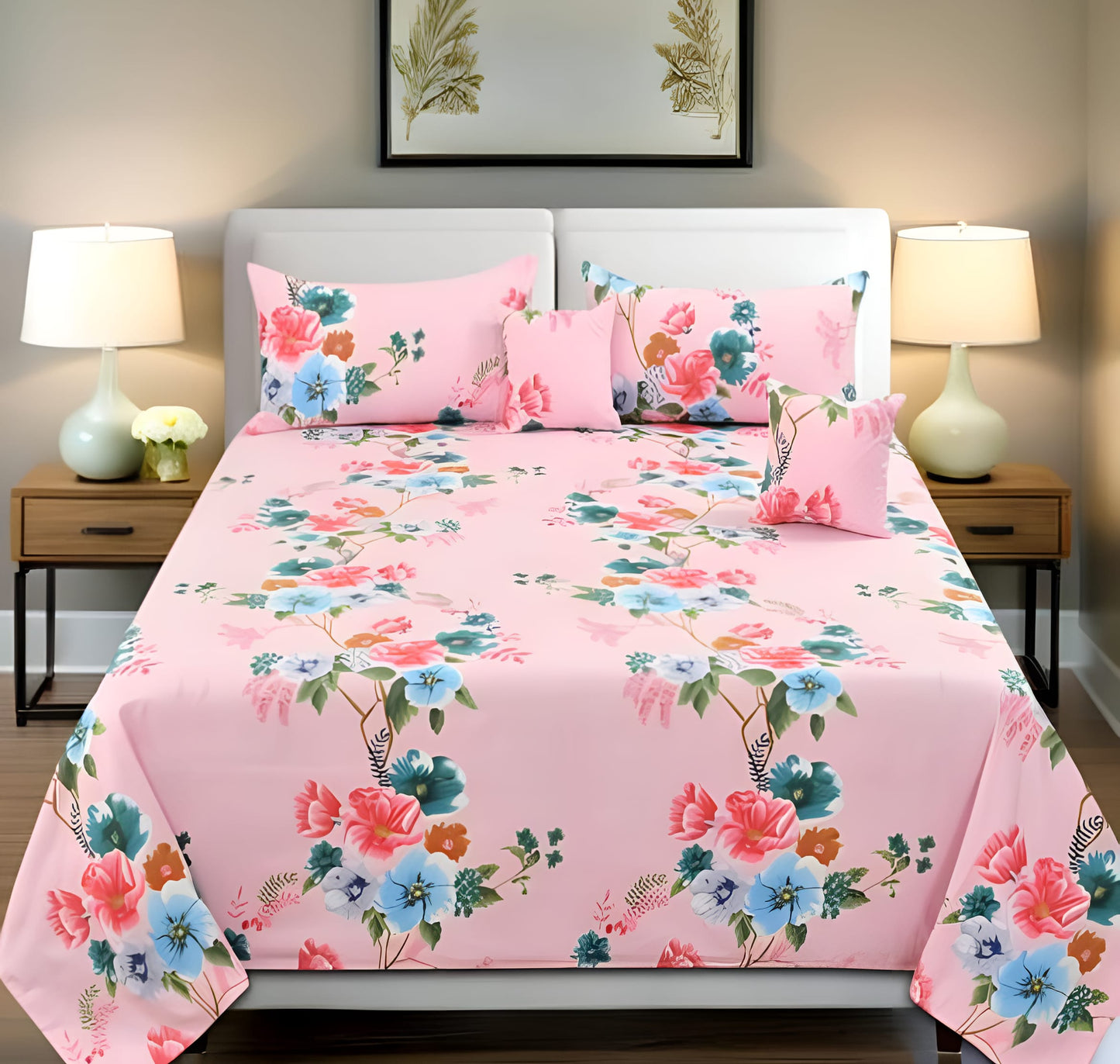 Premium 5-Piece Cotton Bedding Set: Includes 1 Flat Bedsheet, 2 Quilted Zipped Pillow Covers, 2 Quilted Cushion Covers, and 2 Cushion Fillers