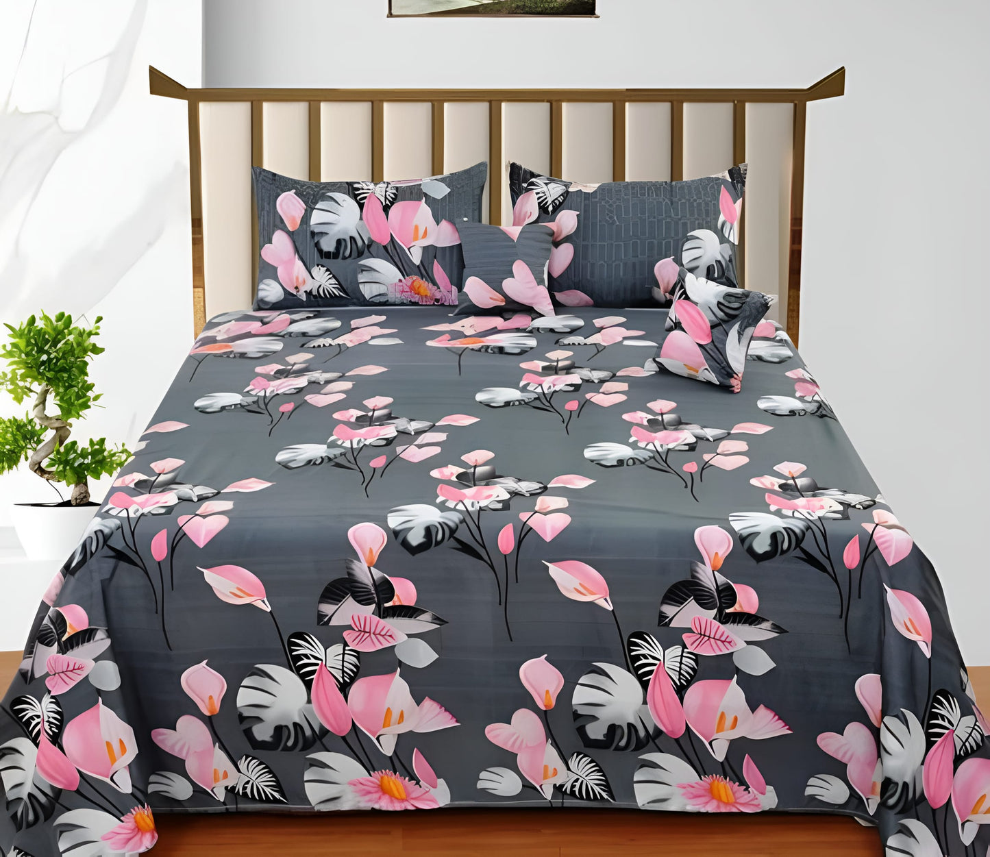 Premium 5-Piece Cotton Bedding Set: Includes 1 Flat Bedsheet, 2 Quilted Zipped Pillow Covers, 2 Quilted Cushion Covers, and 2 Cushion Fillers