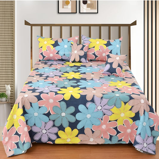 Premium 5-Piece Cotton Bedding Set: Includes 1 Flat Bedsheet, 2 Quilted Zipped Pillow Covers, 2 Quilted Cushion Covers, and 2 Cushion Fillers