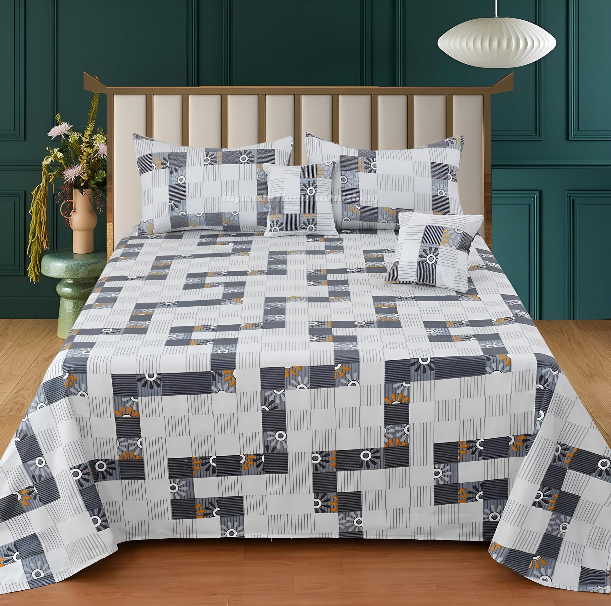 Premium 5-Piece Cotton Bedding Set: Includes 1 Flat Bedsheet, 2 Quilted Zipped Pillow Covers, 2 Quilted Cushion Covers, and 2 Cushion Fillers