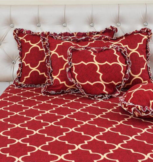 Premium 5-Piece Cotton Bedding Set: Includes 1 Flat Bedsheet, 2 Frilled Zipped Pillow Covers, 2 Frilled Cushion Covers, and 2 Cushion Fillers