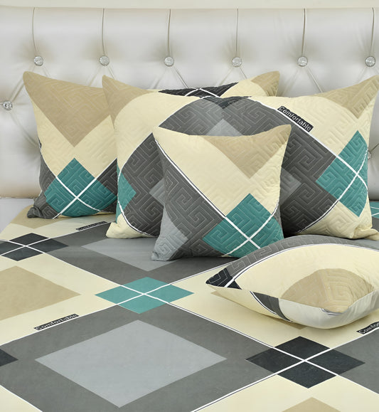 Premium 5-Piece Cotton Bedding Set: Includes 1 Flat Bedsheet, 2 Quilted Zipped Pillow Covers, 2 Quilted Cushion Covers, and 2 Cushion Fillers