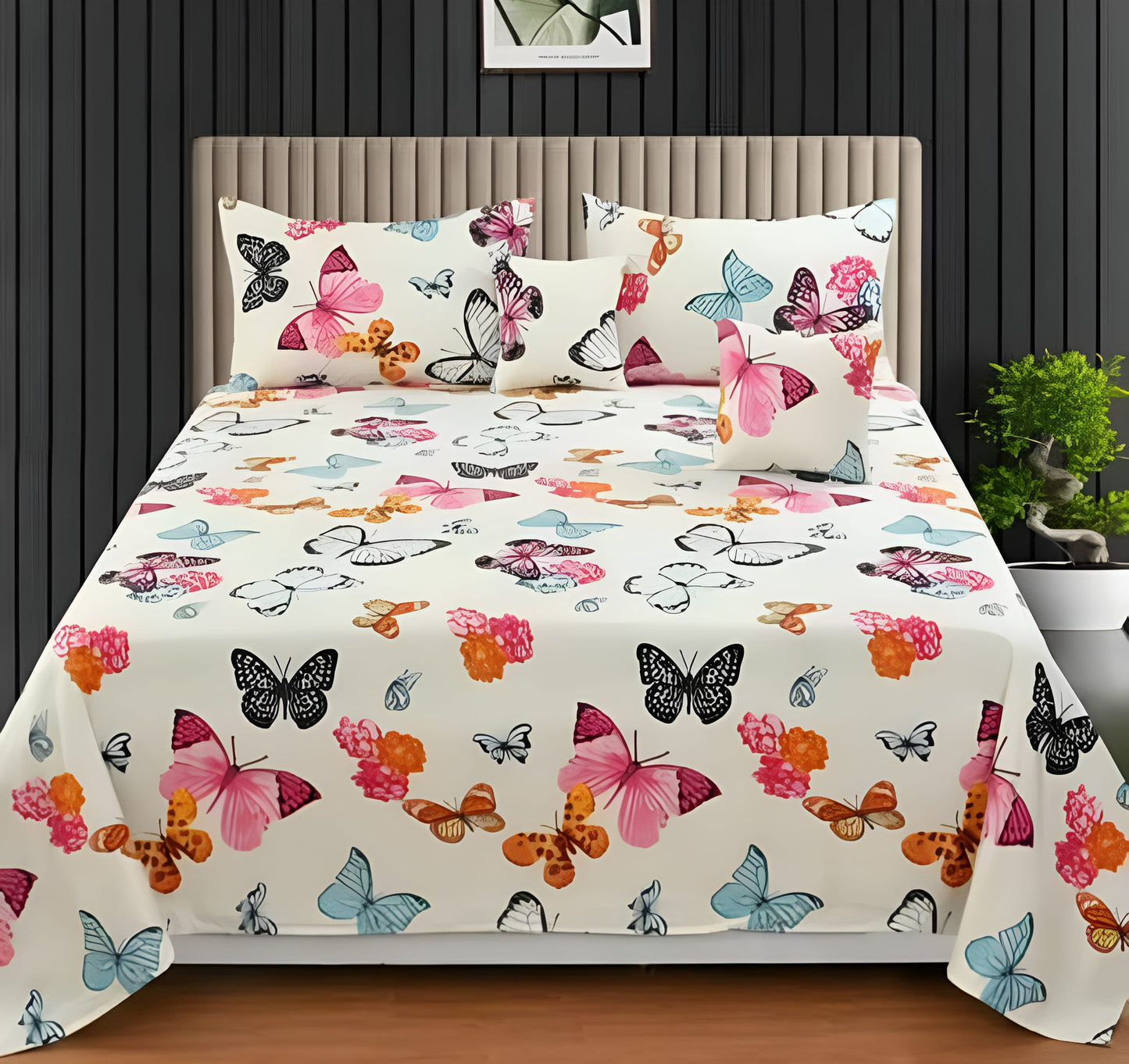 Premium 5-Piece Cotton Bedding Set: Includes 1 Flat Bedsheet, 2 Quilted Zipped Pillow Covers, 2 Quilted Cushion Covers, and 2 Cushion Fillers