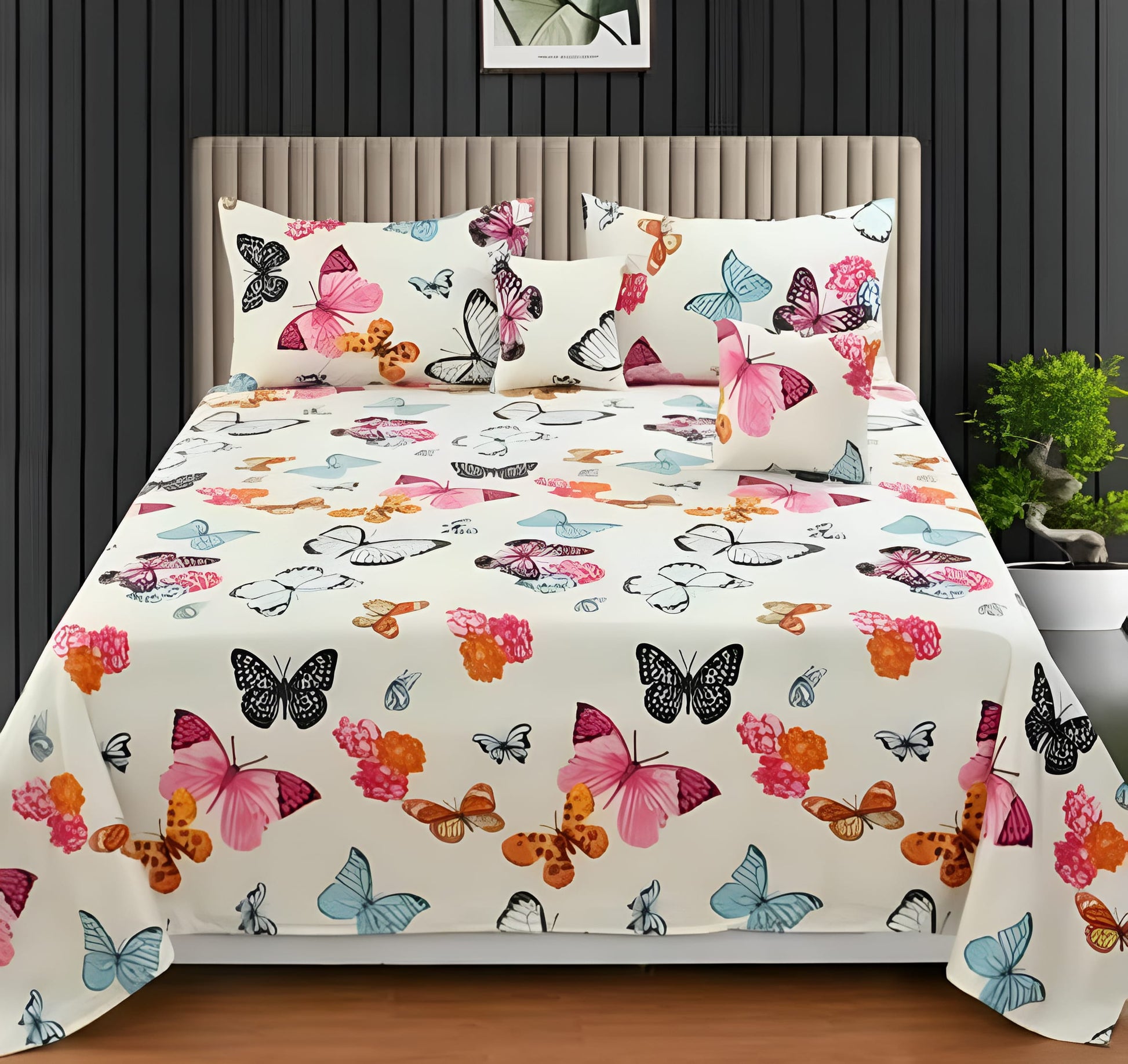 Premium 5-Piece Cotton Bedding Set: Includes 1 Flat Bedsheet, 2 Quilted Zipped Pillow Covers, 2 Quilted Cushion Covers, and 2 Cushion Fillers