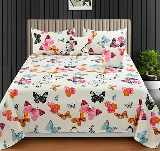 Premium 5-Piece Cotton Bedding Set: Includes 1 Flat Bedsheet, 2 Quilted Zipped Pillow Covers, 2 Quilted Cushion Covers, and 2 Cushion Fillers