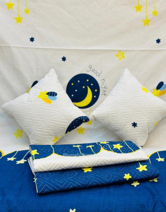Premium 5-Piece Cotton Bedding Set: Includes 1 Flat Bedsheet, 2 Quilted Zipped Pillow Covers, 2 Quilted Cushion Covers, and 2 Cushion Fillers