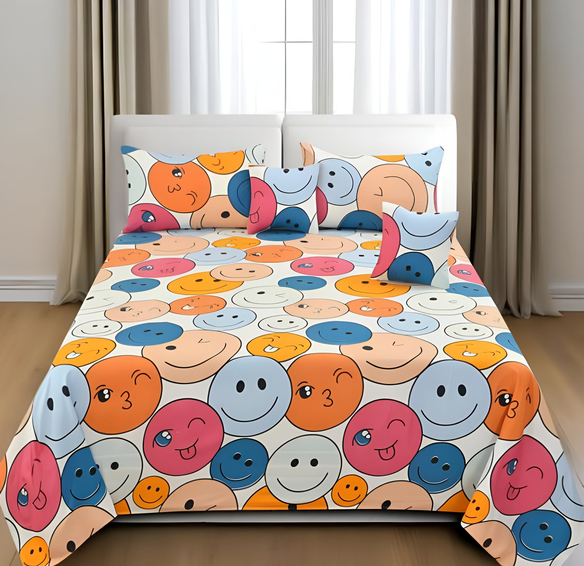 Premium 5-Piece Cotton Bedding Set: Includes 1 Flat Bedsheet, 2 Quilted Zipped Pillow Covers, 2 Quilted Cushion Covers, and 2 Cushion Fillers