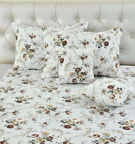 Premium 5-Piece Cotton Bedding Set: Includes 1 Flat Bedsheet, 2 Quilted Zipped Pillow Covers, 2 Quilted Cushion Covers, and 2 Cushion Fillers