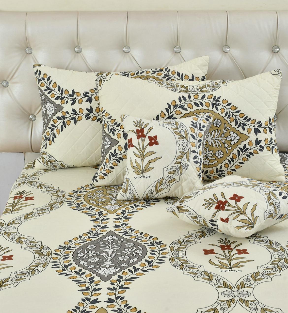 Premium 5-Piece Cotton Bedding Set: Includes 1 Flat Bedsheet, 2 Quilted Zipped Pillow Covers, 2 Quilted Cushion Covers, and 2 Cushion Fillers