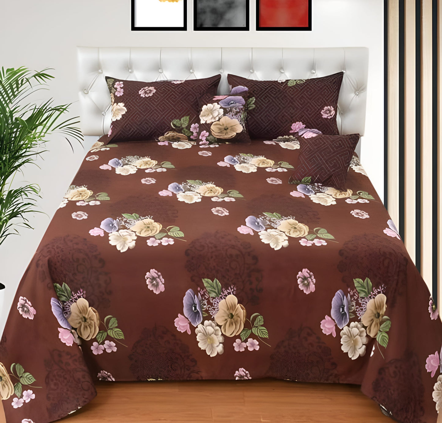 Premium 5-Piece Cotton Bedding Set: Includes 1 Flat Bedsheet, 2 Quilted Zipped Pillow Covers, 2 Quilted Cushion Covers, and 2 Cushion Fillers