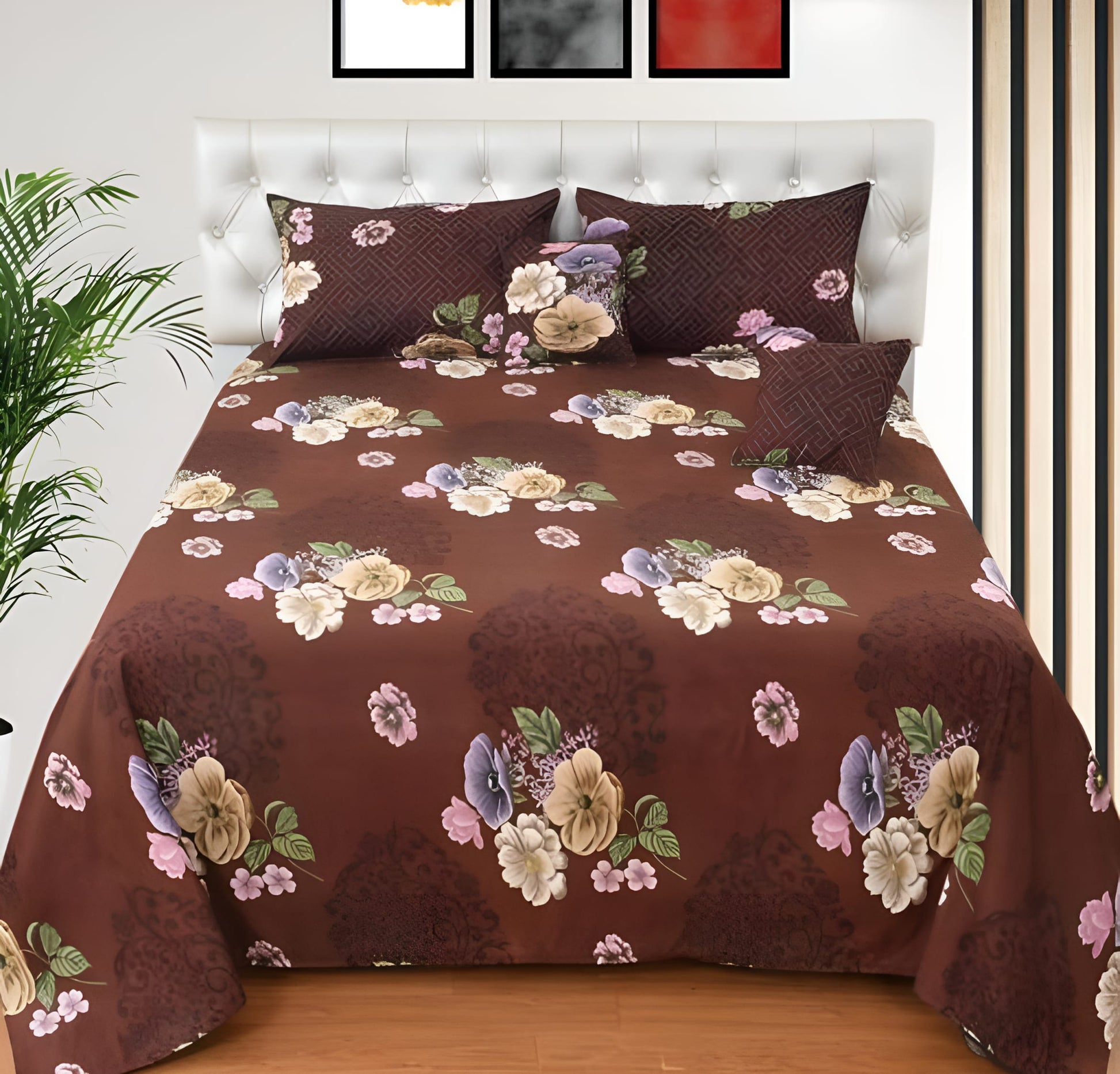 Premium 5-Piece Cotton Bedding Set: Includes 1 Flat Bedsheet, 2 Quilted Zipped Pillow Covers, 2 Quilted Cushion Covers, and 2 Cushion Fillers