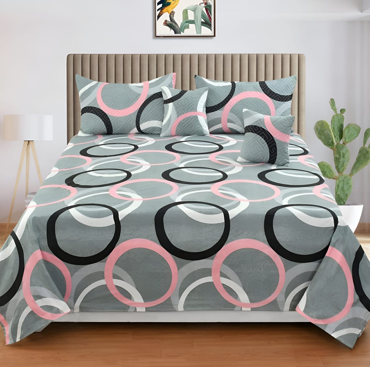 Premium 5-Piece Cotton Bedding Set: Includes 1 Flat Bedsheet, 2 Quilted Zipped Pillow Covers, 2 Quilted Cushion Covers, and 2 Cushion Fillers