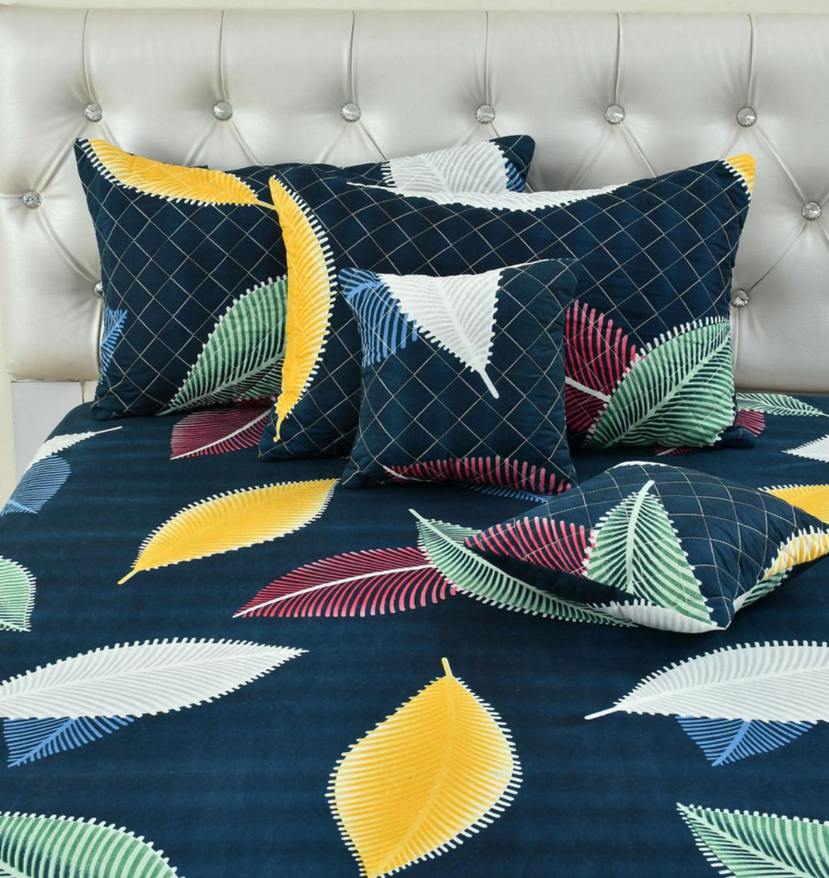 Premium 5-Piece Cotton Bedding Set: Includes 1 Flat Bedsheet, 2 Quilted Zipped Pillow Covers, 2 Quilted Cushion Covers, and 2 Cushion Fillers