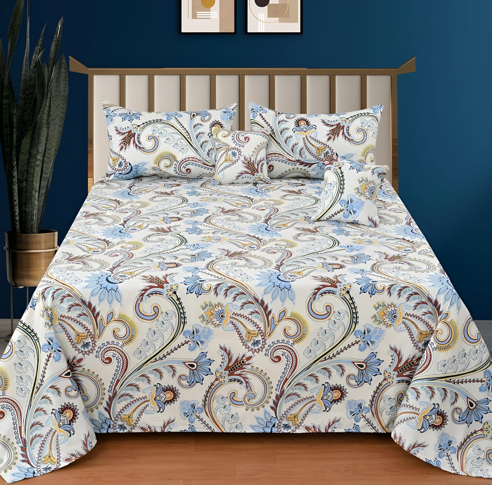 Premium 5-Piece Cotton Bedding Set: Includes 1 Flat Bedsheet, 2 Quilted Zipped Pillow Covers, 2 Quilted Cushion Covers, and 2 Cushion Fillers