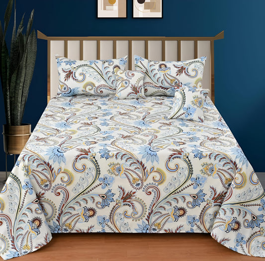 Premium 5-Piece Cotton Bedding Set: Includes 1 Flat Bedsheet, 2 Quilted Zipped Pillow Covers, 2 Quilted Cushion Covers, and 2 Cushion Fillers