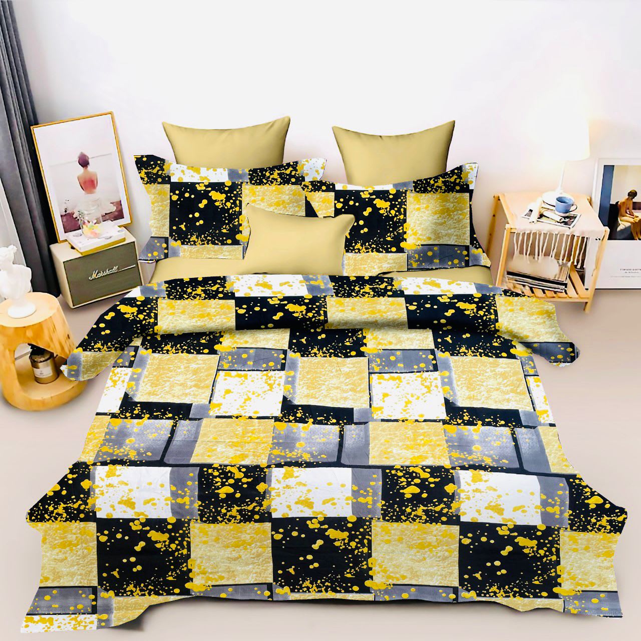 YELLOW CHESS Premium Double Bedsheet With 2 Pillow Covers (72X78X Upto 10 Inches) & 360 Degree Elasticated