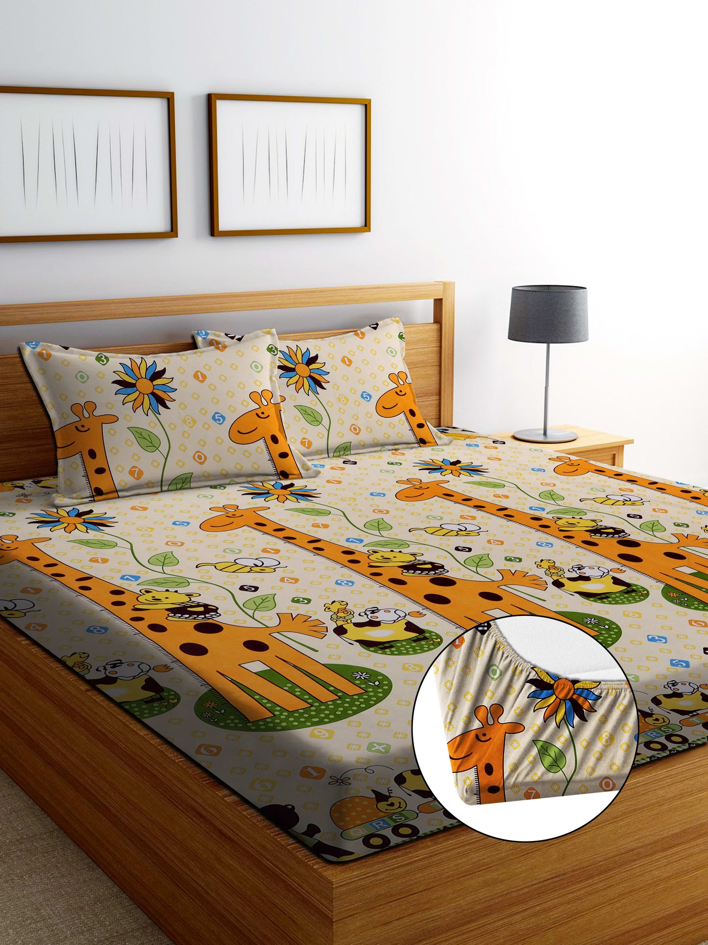 GIRAFFEE Premium Fitted Bedsheet with 2 Pillow Covers (72X78X Upto 10 Inches) & 360 Degree Elasticated