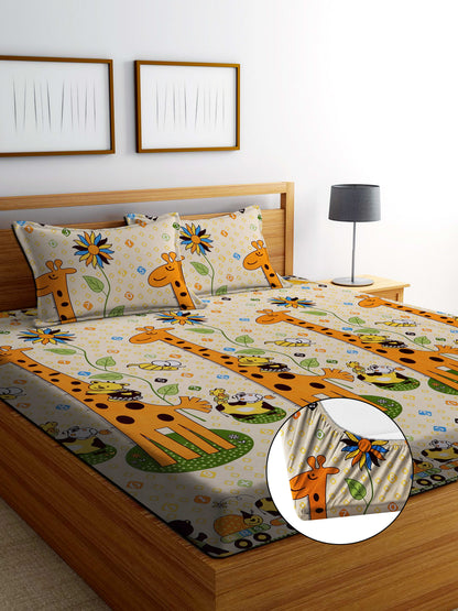 GIRAFFEE Premium Fitted Bedsheet with 2 Pillow Covers (72X78X Upto 10 Inches) & 360 Degree Elasticated