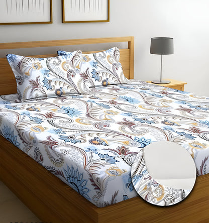 WHITE ELEGANT Fitted Bedsheet with 2 Pillow Covers (72X78X Upto 10 Inches) & 360 Degree Elasticated