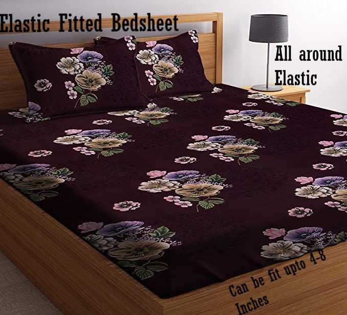 MARRON PRINTS Premium  Fitted Elastic Bedsheet With Two Pillow Covers (72X78X Upto 10 Inches) & 360 Degree Elasticated