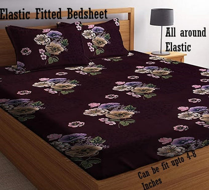 MARRON PRINTS Premium  Fitted Elastic Bedsheet With Two Pillow Covers (72X78X Upto 10 Inches) & 360 Degree Elasticated