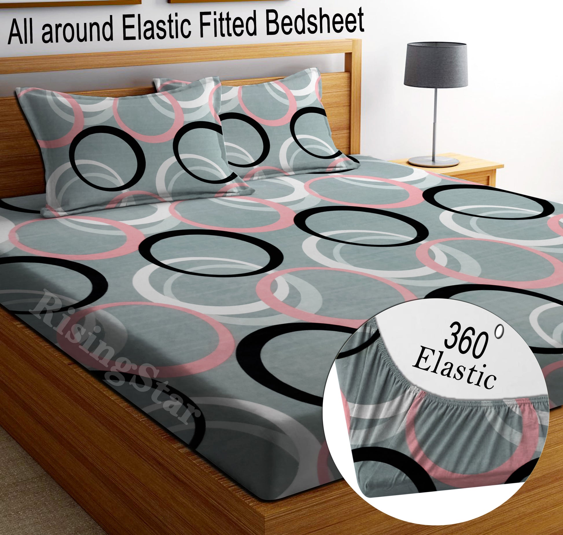 GREY CIRCLE Premium King Size Fitted Elastic Bedsheet With Two Pillow Covers (72X78X Upto 10 Inches) & 360 Degree Elasticated