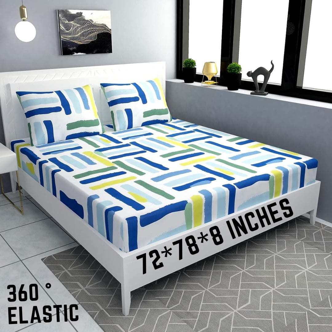 COMFY Premium  Fitted Elastic Bedsheet With Two Pillow Covers (72X78X Upto 10 Inches) & 360 Degree Elasticated