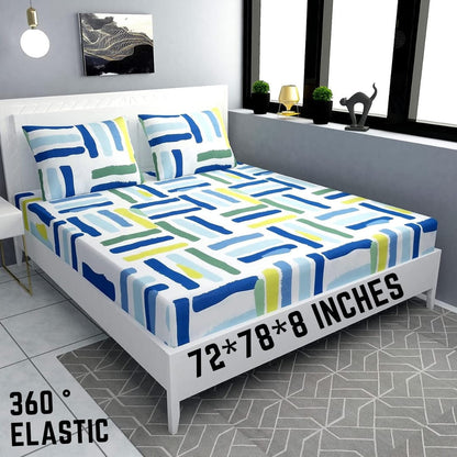 COMFY Premium  Fitted Elastic Bedsheet With Two Pillow Covers (72X78X Upto 10 Inches) & 360 Degree Elasticated
