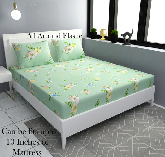 SMART BUY Premium Fitted Elastic Bedsheet With Two Pillow Covers (72X78X Upto 10 Inches) & 360 Degree Elasticated