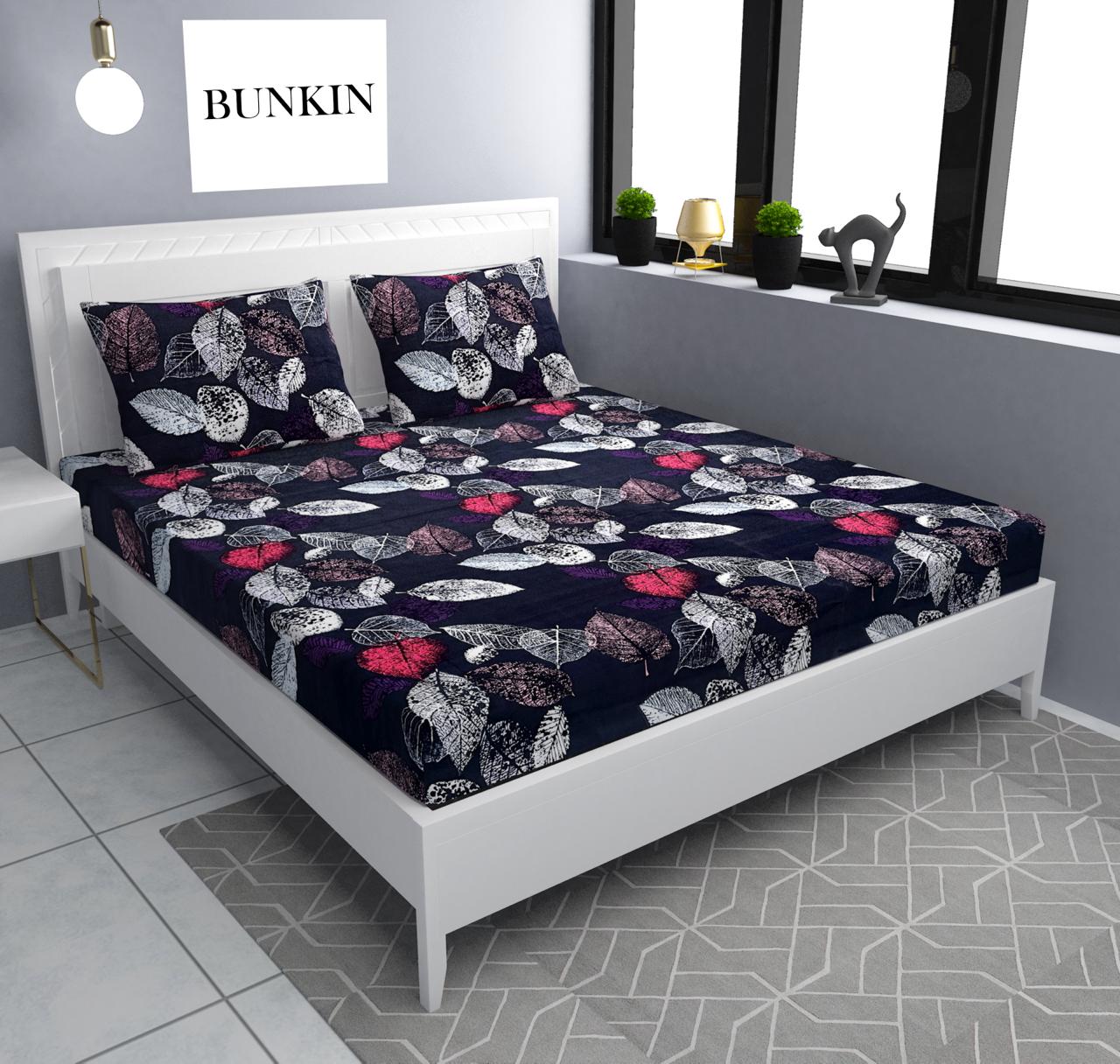 BLACK LEAVES Premium  Fitted Elastic Bedsheet With Two Pillow Covers (72X78X Upto 10 Inches) & 360 Degree Elasticated