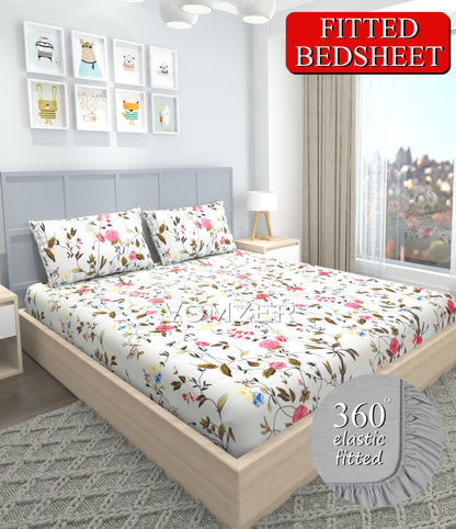 Creamish base Premium  Fitted Elastic Bedsheet With Two Pillow Covers (72X78X Upto 10 Inches) & 360 Degree Elasticated