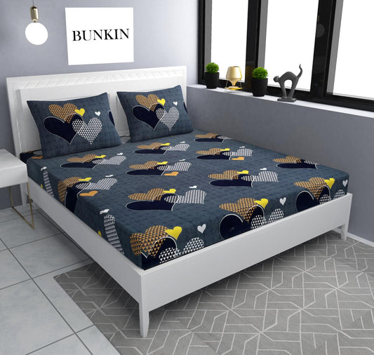BLACK HEART Premium  Fitted Elastic Bedsheet With Two Pillow Covers (72X78X Upto 10 Inches) & 360 Degree Elasticated
