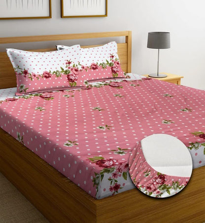 DOTTED PINK Premium  Fitted Elastic Bedsheet With Two Pillow Covers (72X78X Upto 10 Inches) & 360 Degree Elasticated