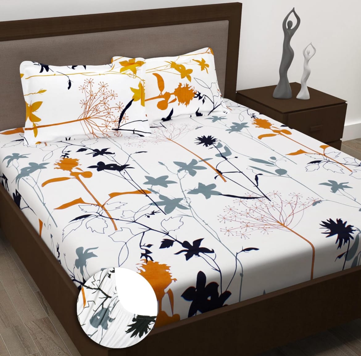 WHITE Premium  Fitted Elastic Bedsheet With Two Pillow Covers (72X78X Upto 10 Inches) & 360 Degree Elasticated