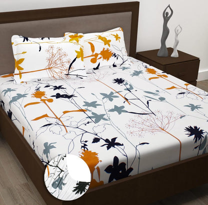 WHITE Premium  Fitted Elastic Bedsheet With Two Pillow Covers (72X78X Upto 10 Inches) & 360 Degree Elasticated