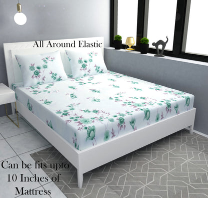 LIGHT GREEN Premium  Fitted Elastic Bedsheet With Two Pillow Covers (72X78X Upto 10 Inches) & 360 Degree Elasticated