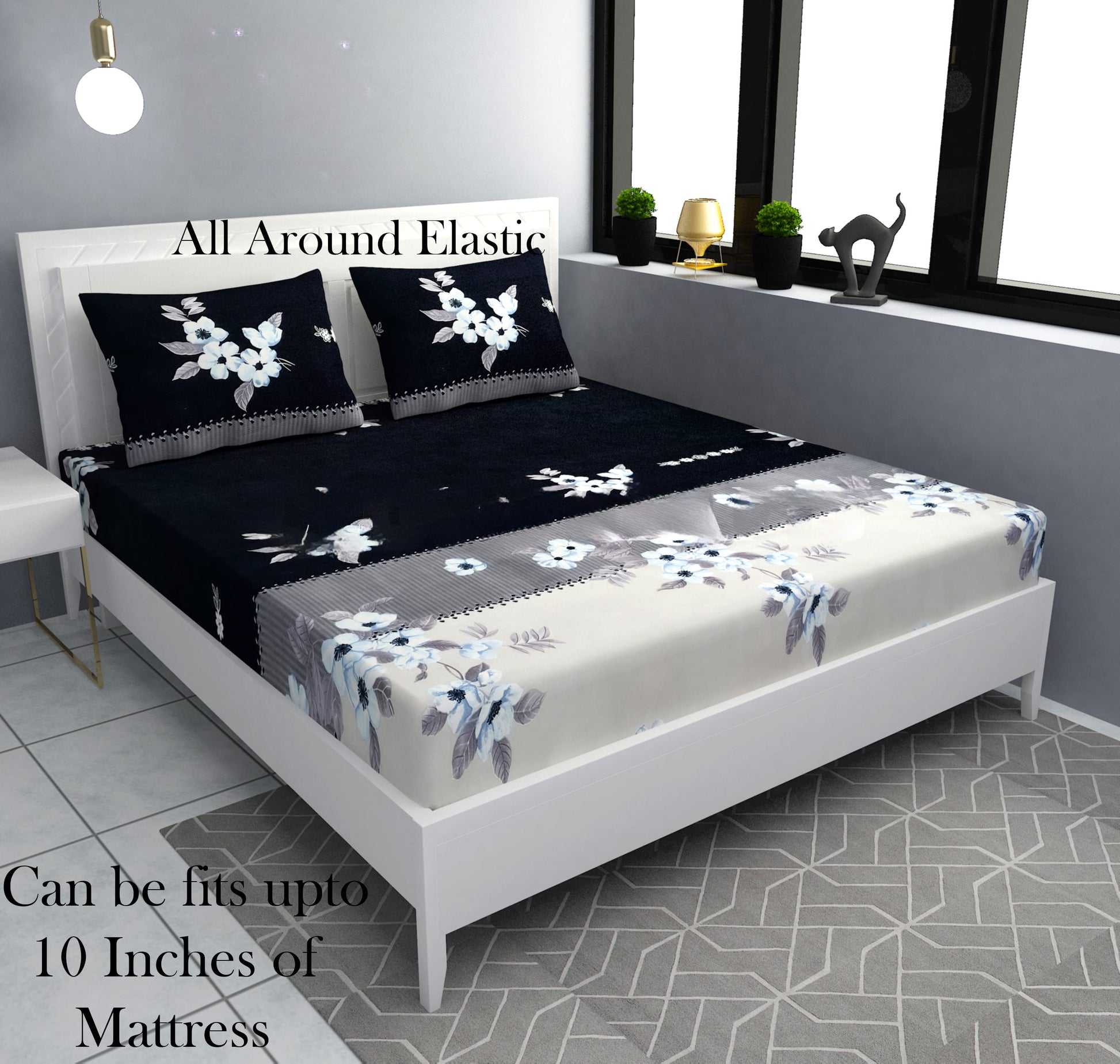 BLACK AND GREY Premium  Fitted Elastic Bedsheet With Two Pillow Covers (72X78X Upto 10 Inches) & 360 Degree Elasticated