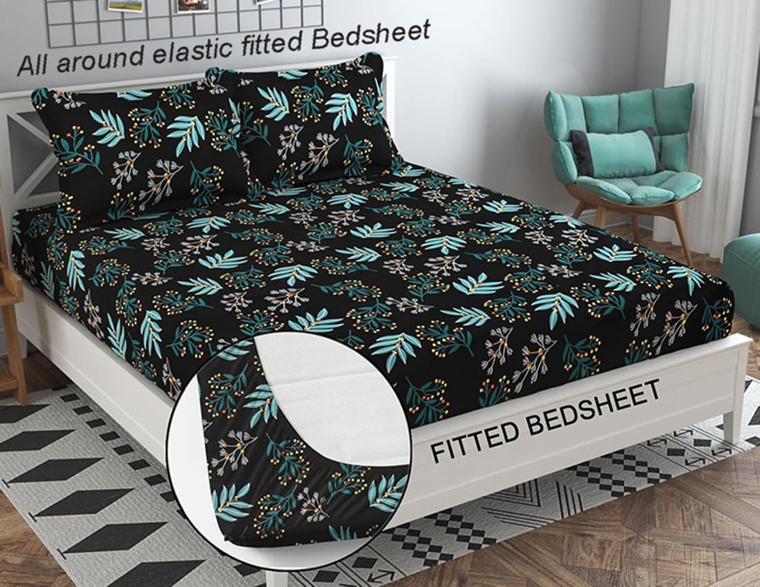 BLACK AND GREEN LEAVES Premium King Size Fitted Elastic Bedsheet With Two Pillow Covers  (72X78X Upto 10 Inches) & 360 Degree Elasticated