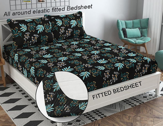 BLACK AND GREEN LEAVES Premium King Size Fitted Elastic Bedsheet With Two Pillow Covers  (72X78X Upto 10 Inches) & 360 Degree Elasticated