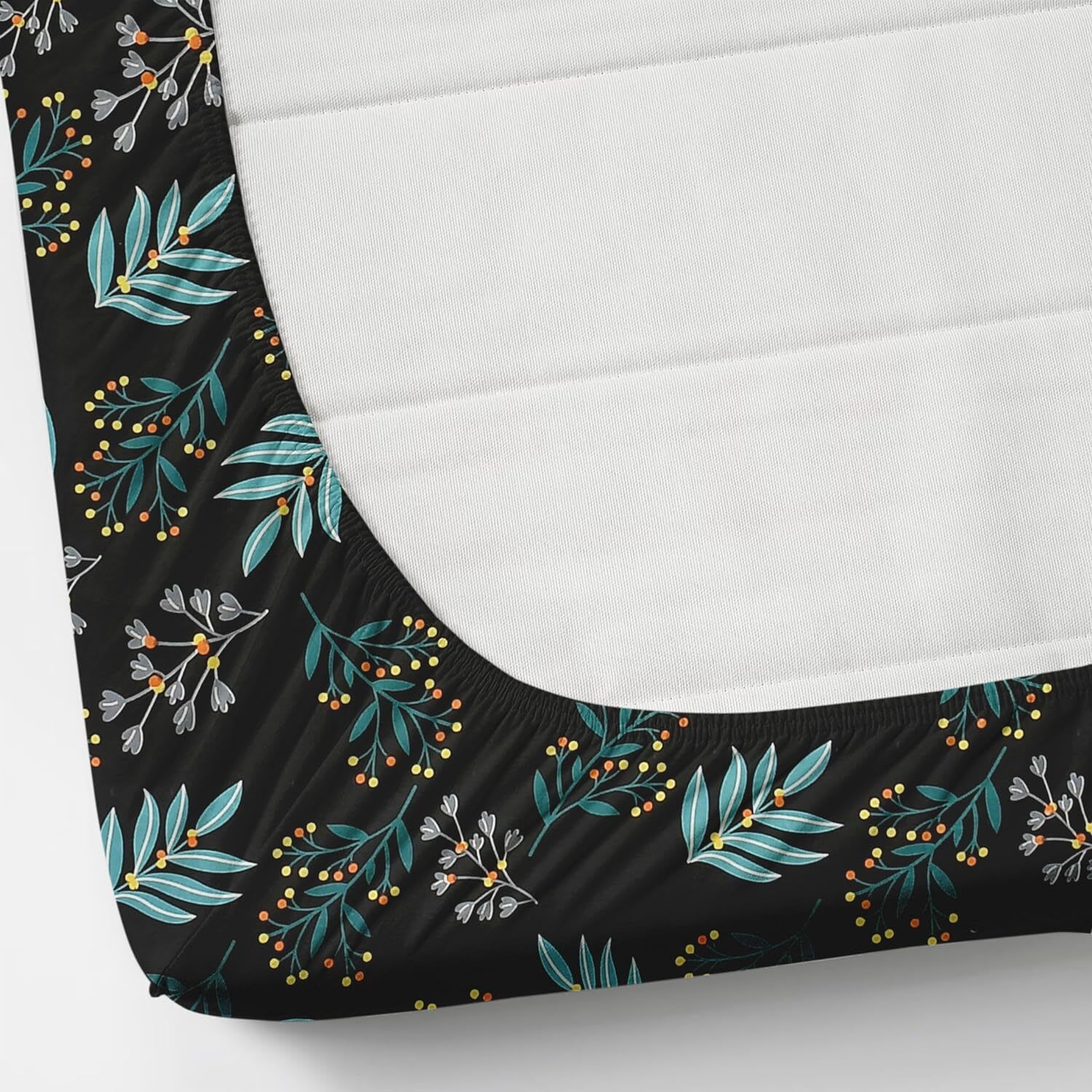 BLACK AND GREEN LEAVES Premium King Size Fitted Elastic Bedsheet With Two Pillow Covers  (72X78X Upto 10 Inches) & 360 Degree Elasticated