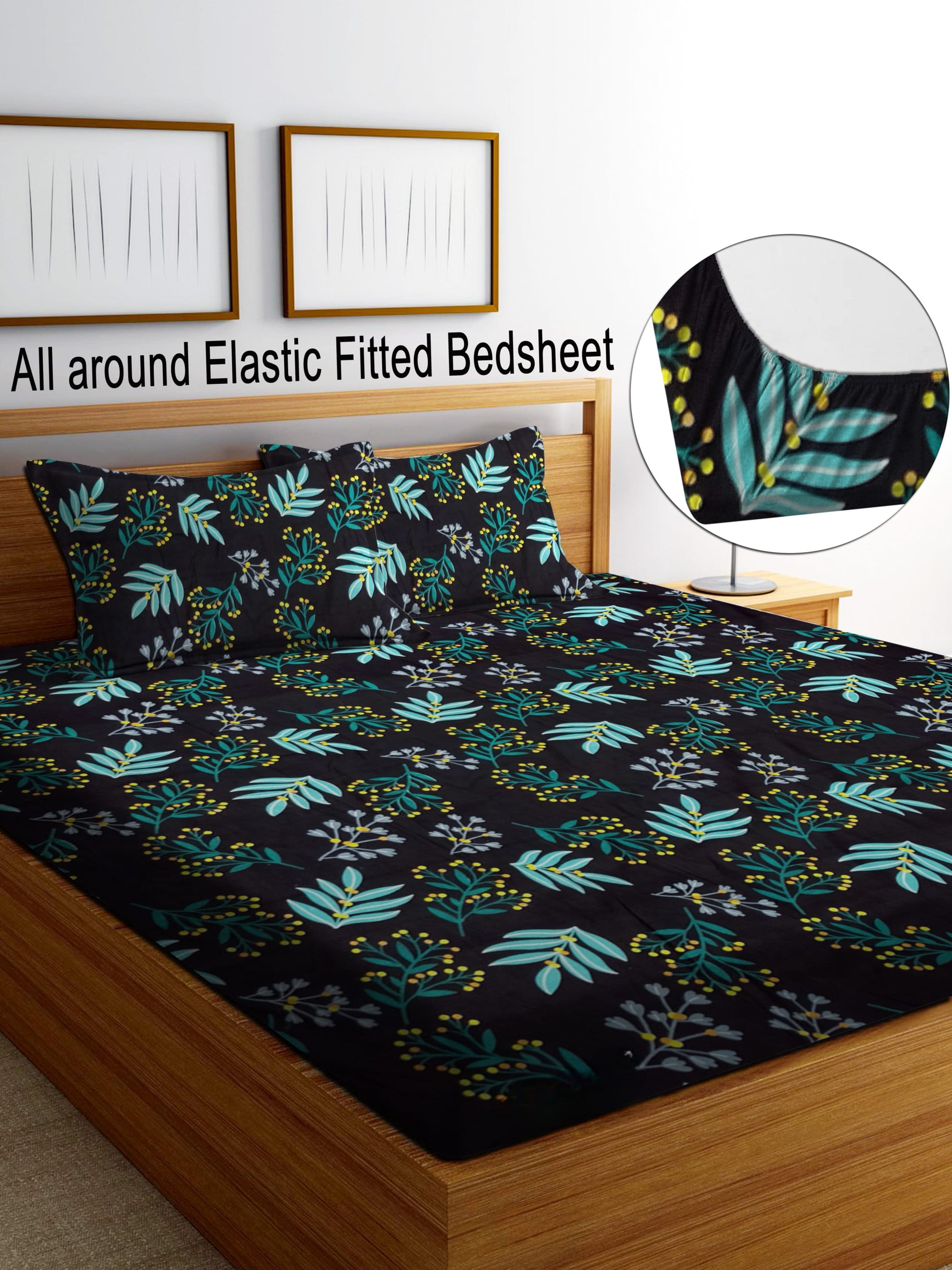 GREEN LEAVES Premium King Size Fitted Elastic Bedsheet With Two Pillow Covers  (72X78X Upto 10 Inches) & 360 Degree Elasticated
