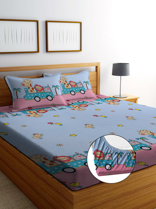 PINK GIRAFFE Premium  Fitted Elastic Bedsheet With Two Pillow Covers  (72X78X Upto 10 Inches) & 360 Degree Elasticated